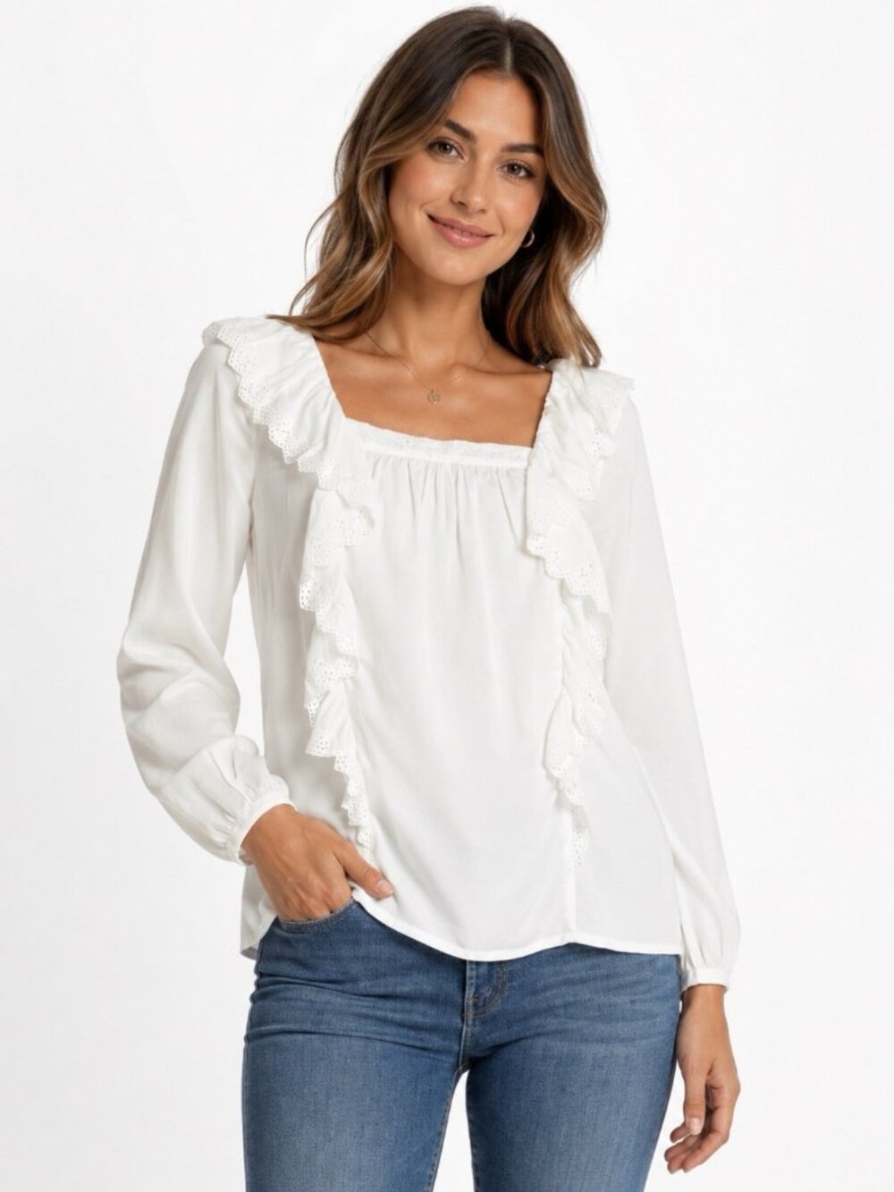 Paige Brylen Eyelet Ruffle Modal Blouse Soft Lined Cottagecore Feminine Small N